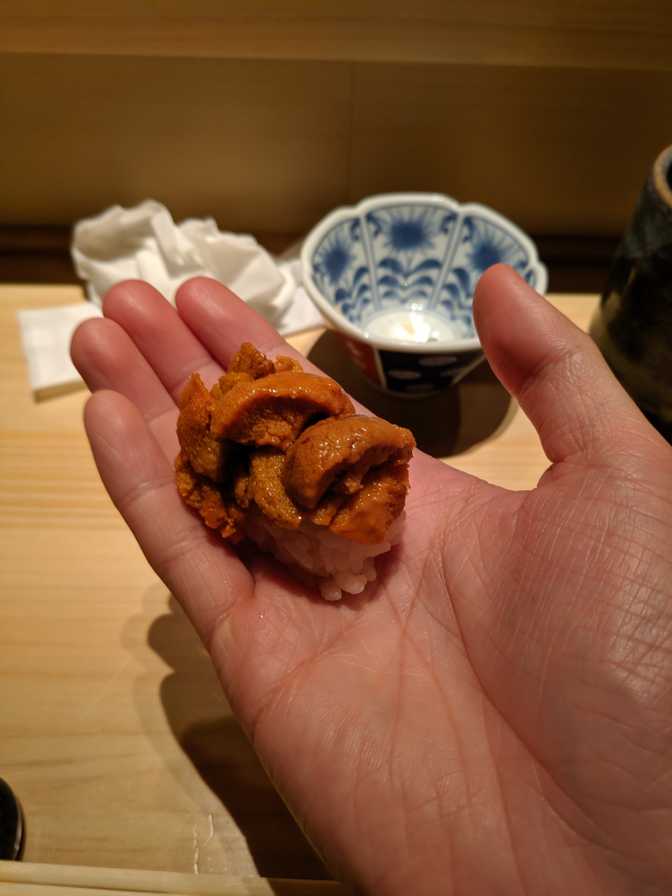 Hokkaido uni. Amazing but I was so full and the pieces were coming so
quickly that I don't think that I appreciated it as
much.