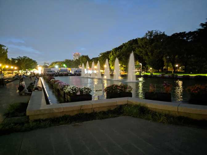 View from the other side of the fountain. How often do they replace the
flowers?