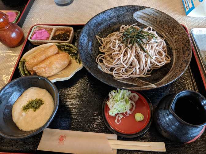 Tororo soba. The thing on the bottom left is yam and it was definitely a
bit strange. We were told to mix it with the soba but it sort of just sticks
to itself. Reminds me of the texture of natto.