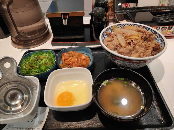 Yoshinoya, Ootsuka: gyuudon where the toppings were served deconstructed for whatever reason. The sieve on the bottom left is to pour the egg through to separate out the yolk. Seems like a lot of washing up to do!