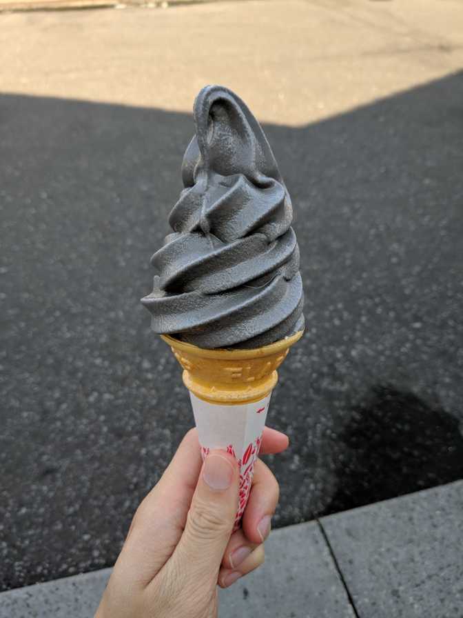 Squid-ink soft serve. Tasty as well as creamy, but melting, and it wasn't
even a hot day.