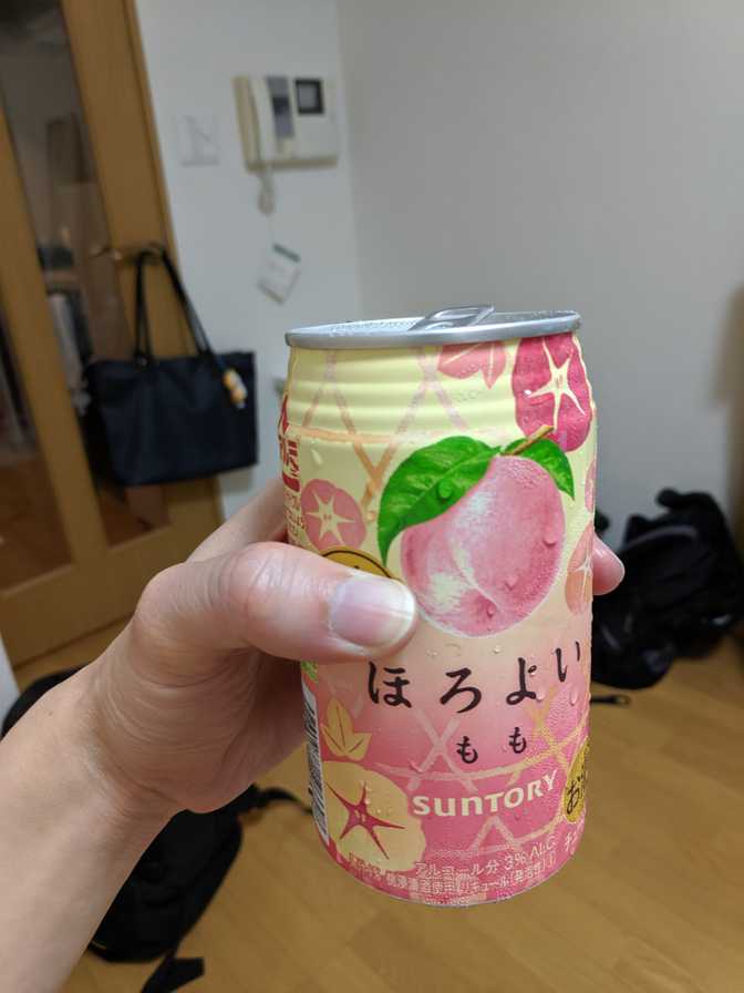 Home, Ootsuka: I picked up this peach alcopop from FamilyMart on the way home.
It pretty much tasted like peach tea from a bubble tea shop except I assume it
gets you drunk if you consume enough.