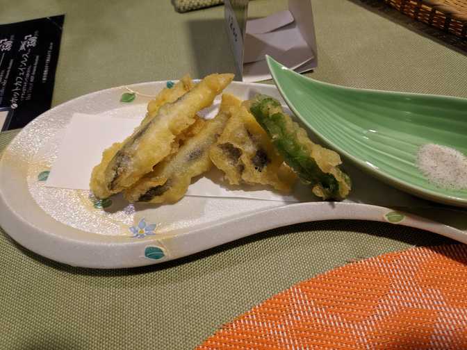 Sardine, eggplant and chilli tempura.