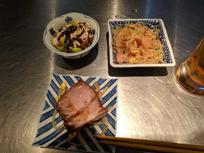 Salmon with pickled rice noodles. Chinese dried tofu with edamame. Chashu with
beansprouts. All pretty good.