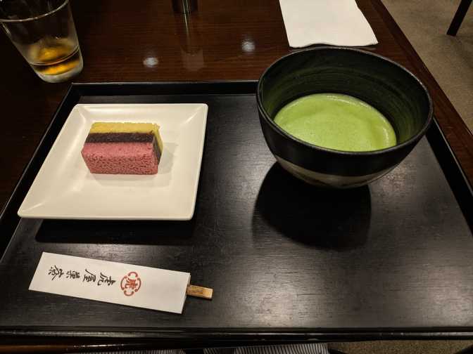 Yokan with sandwiched red bean paste, apparently a seasonal special based
on autumn colours. The matcha, already amazing in its own right, matched the
red bean perfectly. The food was good but nothing amazing, maybe that's just
the ceiling for this type of dessert.