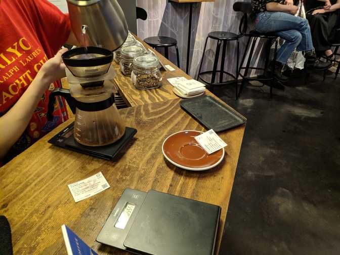 My pourover being... poured over. The filter is reusable and there isn't
really a cone to hold it.