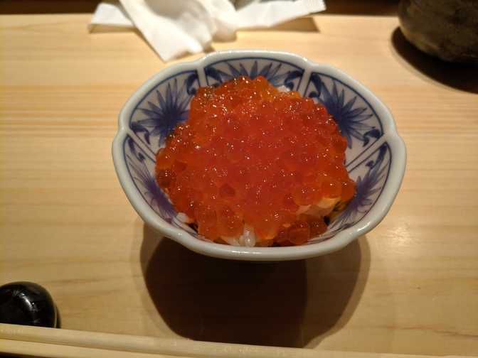 Salmon roe on rice. Maybe it was how it was served, or maybe it was the
salmon roe, but this might've been the best I've
had.