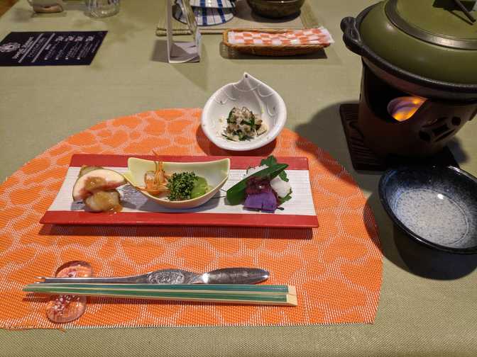 Lalaca, Hakone: kaiseki dinner. Our starters were waiting for us when we
sat down.