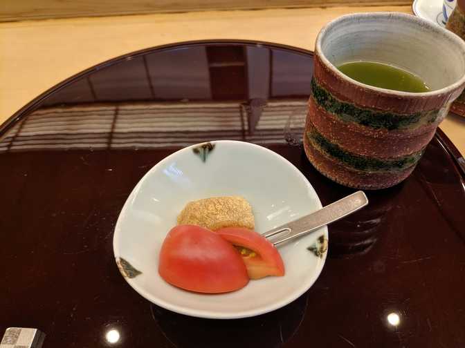 Amai tomato with warabi mochi. The tomato was amazingly sweet once you
started chewing it.