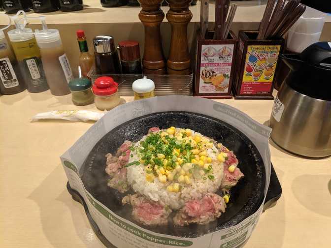 Pepper Lunch, Ueno Park: the plate must've been super hot because I spent so
much effort just making sure nothing burned. Plus the oil spat all over me, as
usual. At least they give you a paper bib.