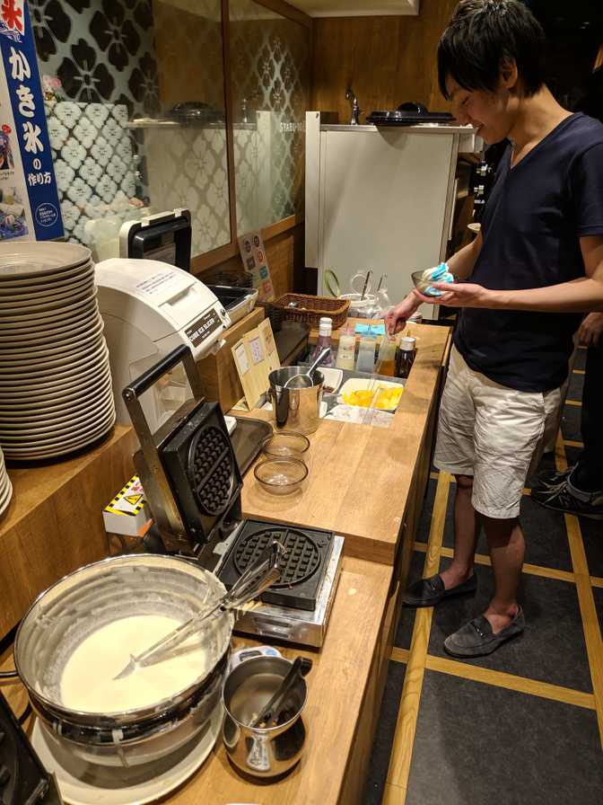 For dessert you can make your own waffles or shaved ice with toppings.