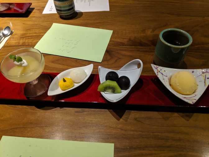 Fruit is such a luxury here that a few pieces are sitting here on a plate
by themselves. Dessert was served with hojicha (roasted green tea).