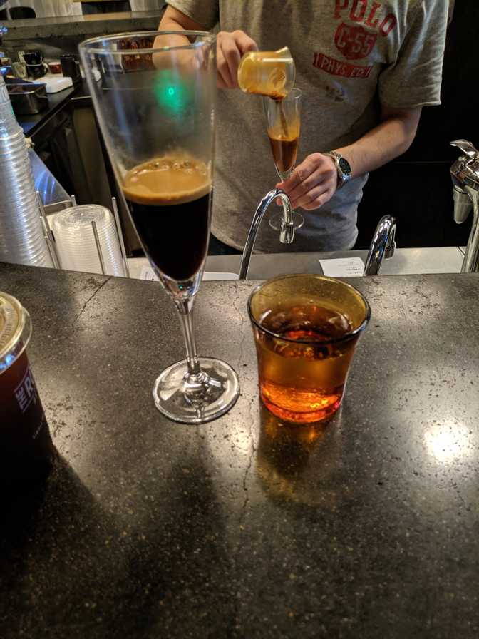 The Roastery, Omotesando: coffee after our ice cream! I didn't like the
premium beans (630 JPY) as much this time and some of it was probably to do
with how hard it was to sip and enjoy my espresso properly from this
glass.