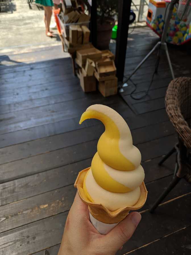 White peach and Miyazaki mango soft serve. I suspect that it was actually a
sorbet soft serve. Very fruity and refreshing in the
heat.