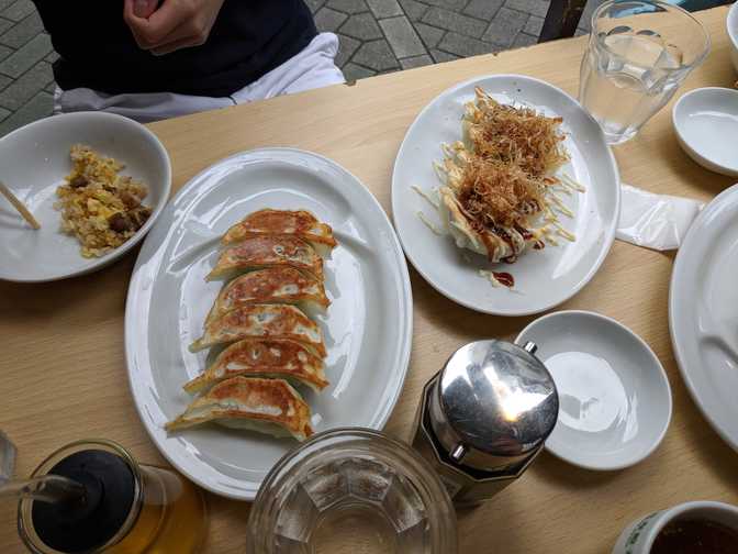 Nearby: fried rice, gyoza, and gyoza okonomiyaki for lunch.