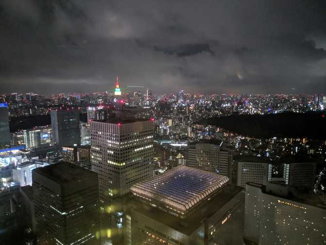 Tokyo Metropolitan Government Building, Shinjuku: The internal lighting and
double glazed glass made it difficult to take good pictures. This view looks
southeast; the big dark spot on the right is Yoyogi Park.