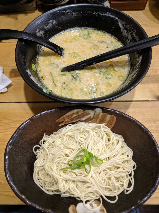 Recently I haven't been able to predict whether I'll be able to eat a lot
or a little. This time it was a lot, so I asked for kaedama (a noodle
refill). The waitress asked if I had a student card but I didn't bother to
bring it to Japan, so I had to pay the ~100 JPY.