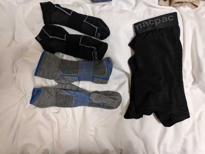 Merino wool socks (I think they're 50% wool or so) and boxer briefs (mostly
wool). I need to buy some laundry powder that doesn't have softener so that I
can wash this stuff. I haven't been wearing the undies, but since I've been
wearing sandals (i.e. no socks) a decent amount and I've been airing out my
clothes as soon as I get home, I've been getting away with just wearing these
two pairs of socks.