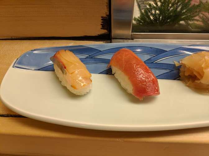 Sushi Kidoguchi, Omotesando: striped jack (shima-aji) and chuutoro. So much
flavour out of both of these and they went really well with the rice.